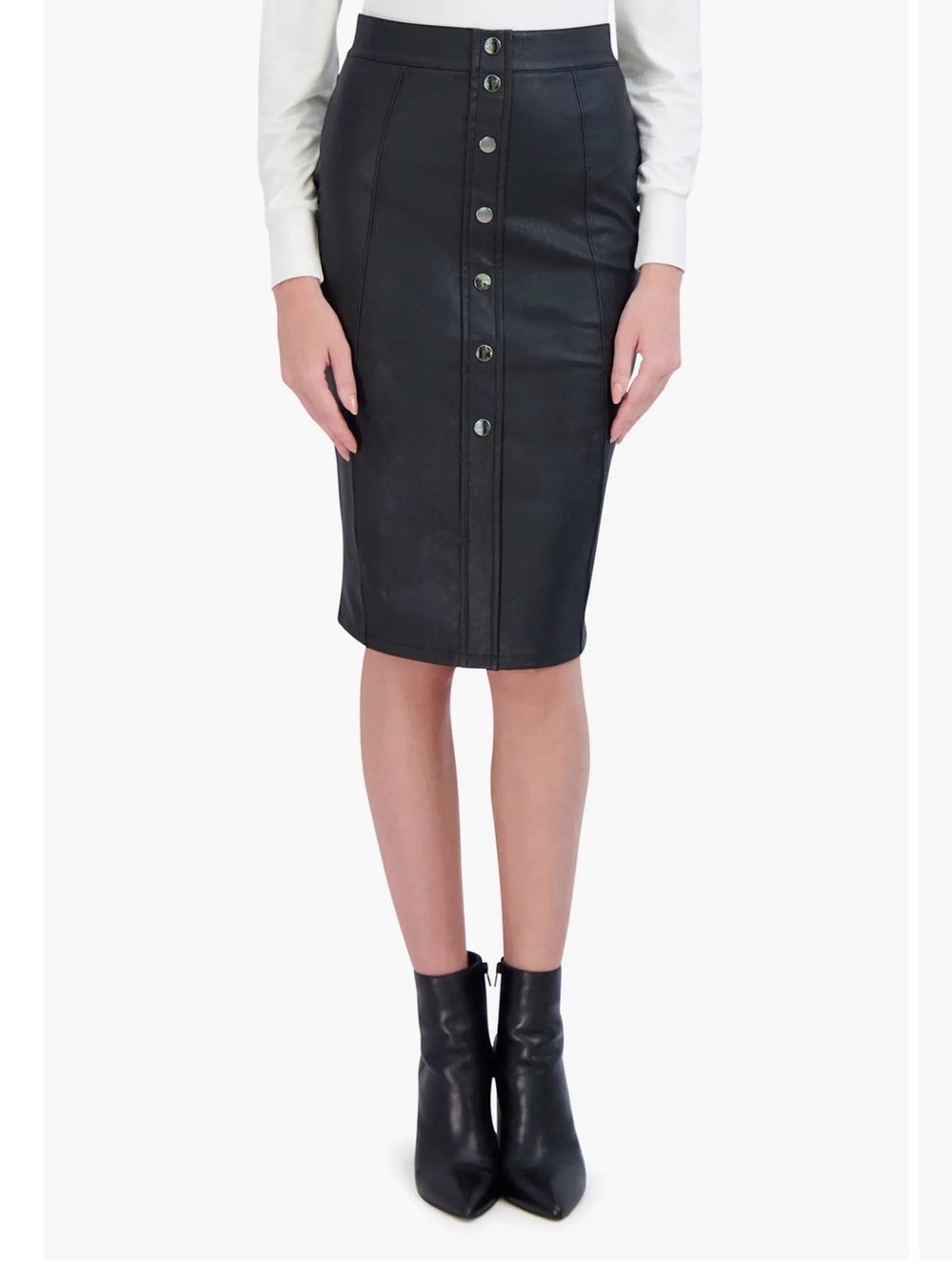 Classic Black Faux Leather Button-Front Pencil Skirt
